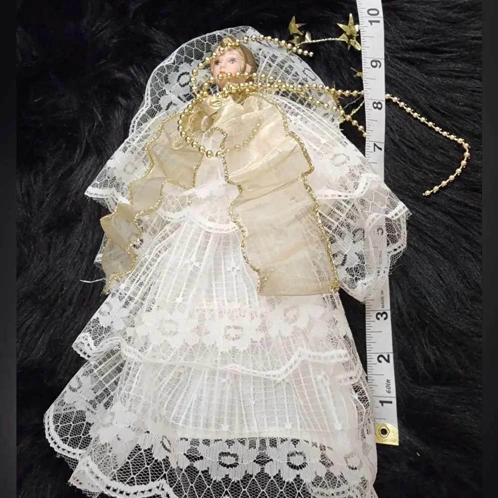 Small Angel Christmas tree Topper and 9ft Pearl and Gold Toned Beaded Garland